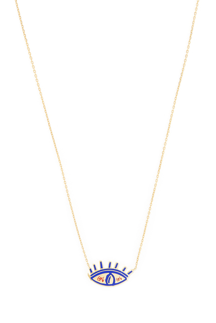 Evil Eye Word Necklace, 18k Yellow Gold